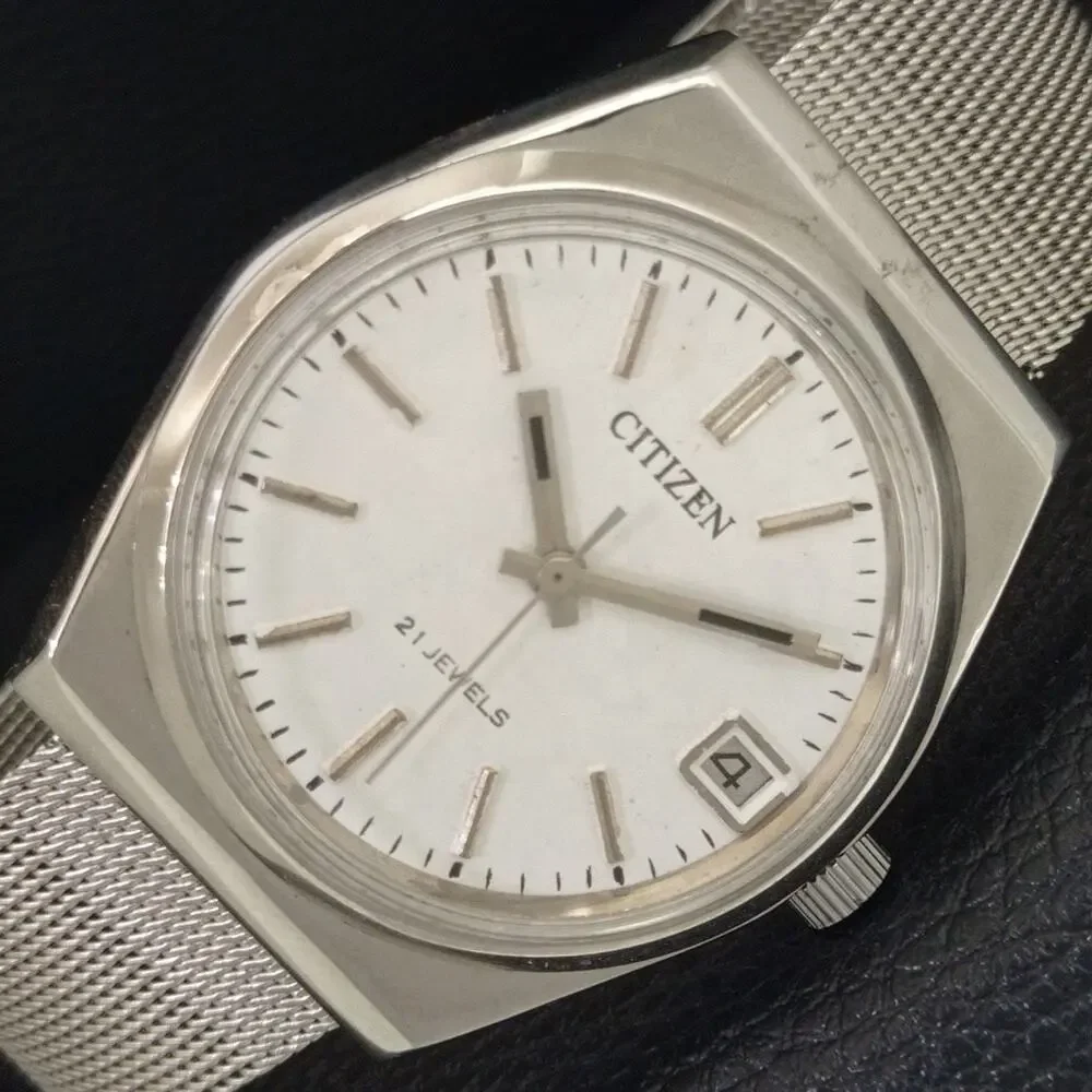 Vintage 1973 Citizen Manual Wound Mens Silver Watch W/Date & Silver accents
